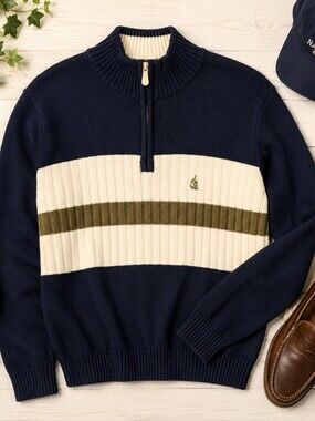 Nautica Navy 1/4 Zip Cotton Preppy Sweater with Cream & Olive Stripe. Mens Large